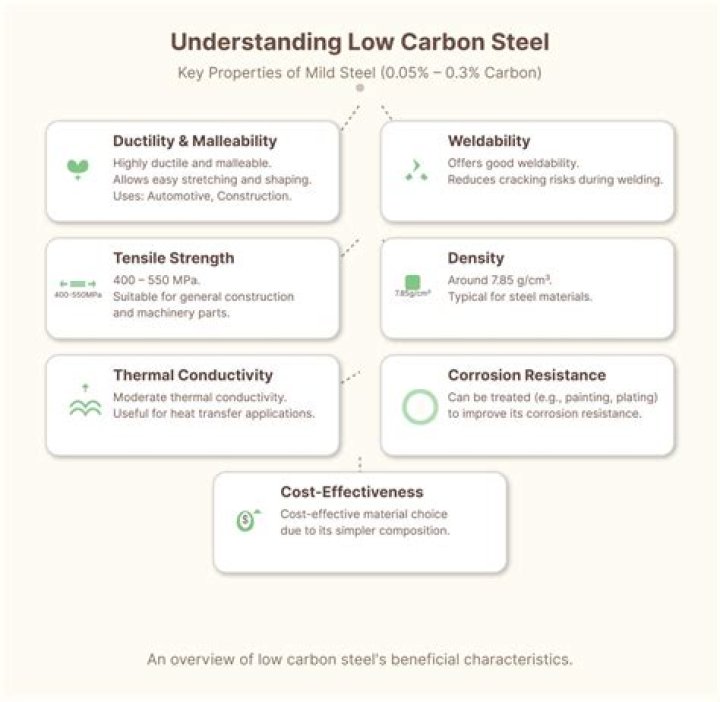 What are the properties of low carbon steel?